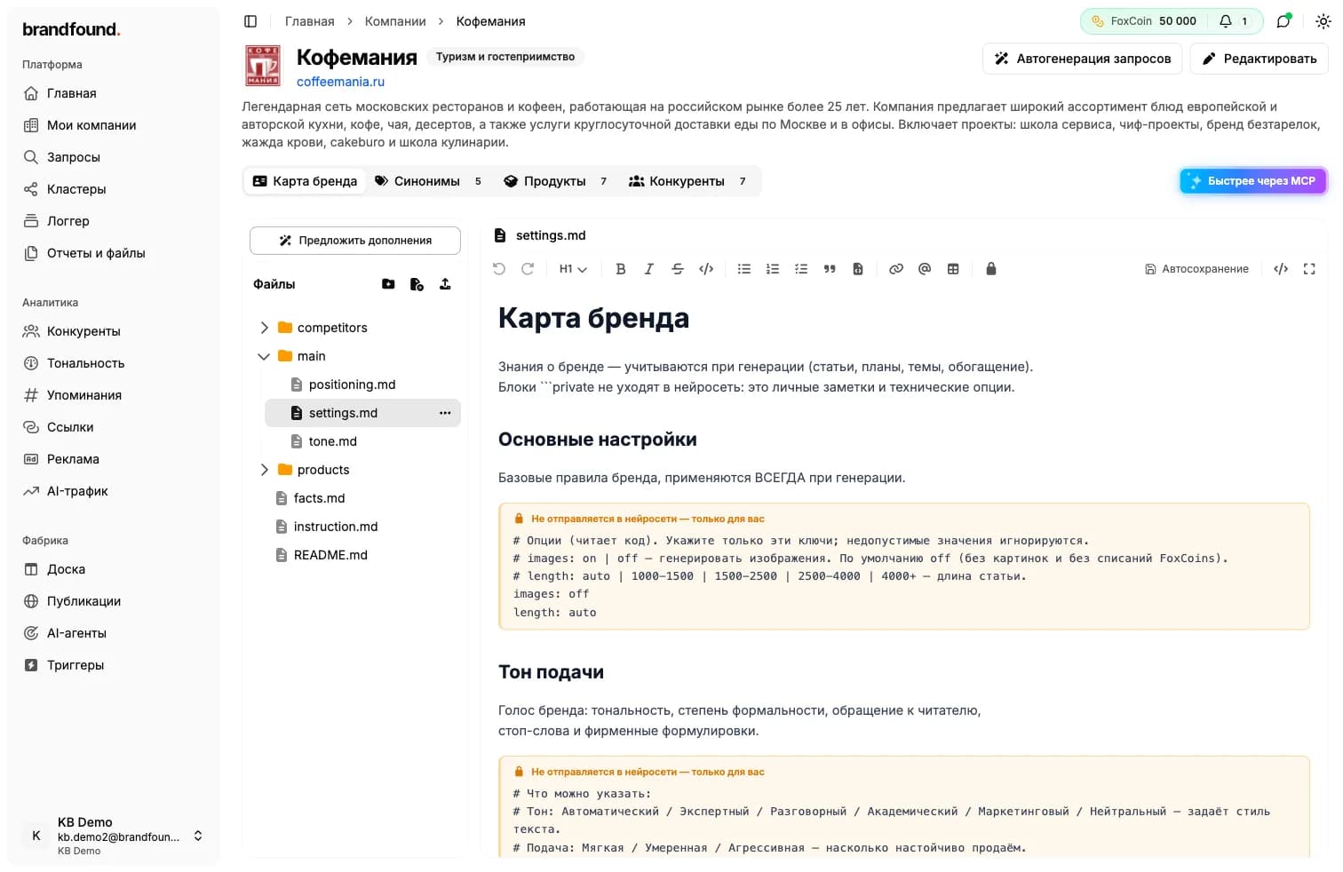 Основной файл карты с разделами про настройки и тон подачи бренда.